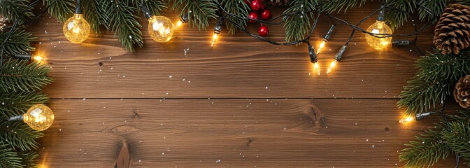 Christmas Garland with Pine Branches, Warm String Lights, and Rustic Wooden Background