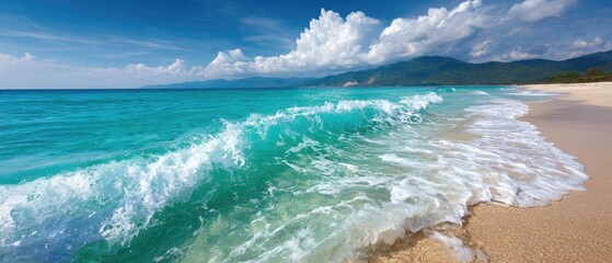 Idyllic Tropical Beach with Turquoise Waves and Sandy Shoreline Under Vibrant Blue Sky