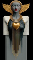 Futuristic Gold and Black Sculpture: Winged Female with Heart Adornment