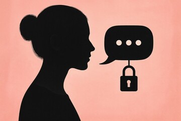 Silhouette of a woman with a speech bubble and lock symbolizing censorship and restricted expression on a pink background