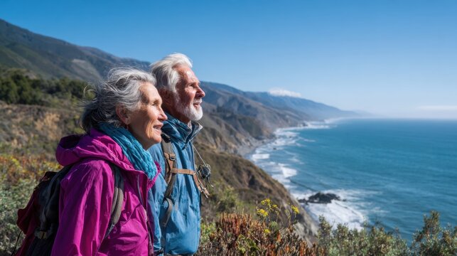 An elderly couple stands together on a coastal trail, gazing at the ocean view. They are dressed warmly for the hike, surrounded by lush greenery and mountains.
