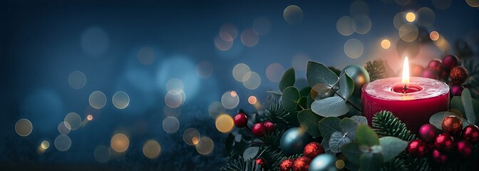 Red Christmas Candle with Wreath on Blue Bokeh Background — Panoramic Holiday Banner with Copy Space