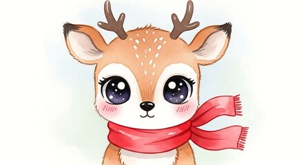 Fototapeta premium Illustration of a cute deer with big eyes and a red scarf wearing in a white background image art