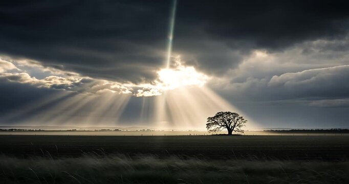 Majestic tree silhouette against a dramatic sky with sun rays breaking through clouds at sunset