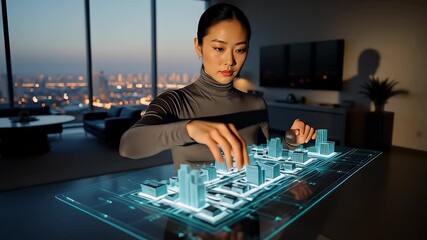 A young East Asian female architect uses futuristic holographic technology to design a smart city with an augmented reality interface in her modern high-rise office at night. - Powered by Adobe