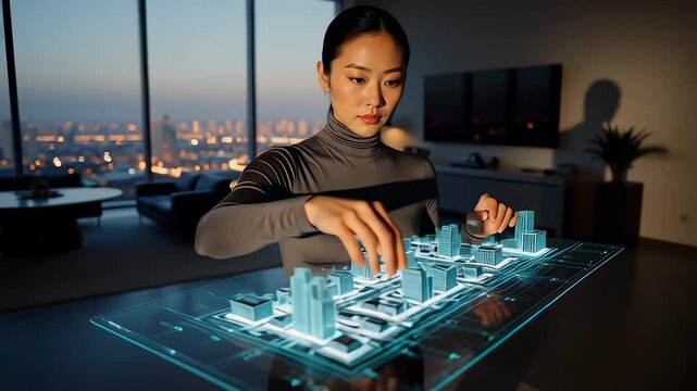 A young East Asian female architect uses futuristic holographic technology to design a smart city with an augmented reality interface in her modern high-rise office at night. - Powered by Adobe