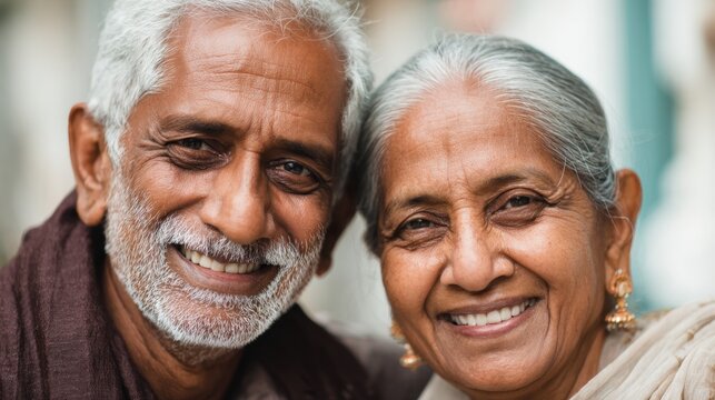 An elderly couple smiles warmly at the camera in a vibrant outdoor location. The sun shines brightly, highlighting their joyful expressions and deep bond.