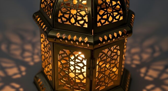 A golden lantern with geometric cutouts emits warm light that creates intricate shadow patterns, adding elegance to the scene. - Powered by Adobe
