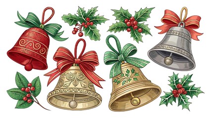 Collection of festive christmas bells and holly sprigs adorned with ribbons for holiday decoration and celebration