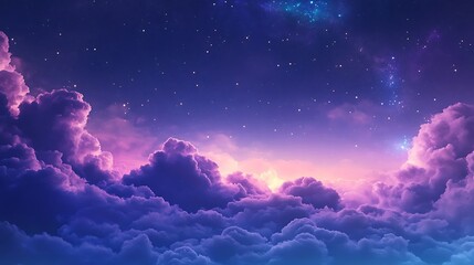 A dreamy cloudscape with fluffy navy and purple clouds against a starry night sky