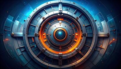 Futuristic Sci-Fi Aperture. Vault Door with Blue and Orange Neon Light