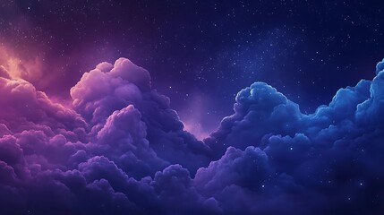 A dreamy cloudscape with fluffy navy and purple clouds against a starry night sky