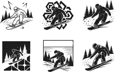 Set of snowboarder vector illustrations, male athlete riding snowboard in winter mountains, isolated black silhouette linocut styles for extreme sport design.