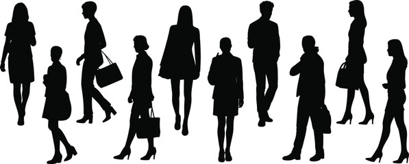 Silhouettes of business people walking and standing in urban scene, corporate professionals commuting concept illustration background
