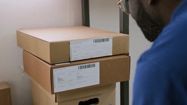Over-shoulder shot of African American male warehouse employee using handheld infrared scanner device to read information in barcodes on packages while processing boxes for delivery