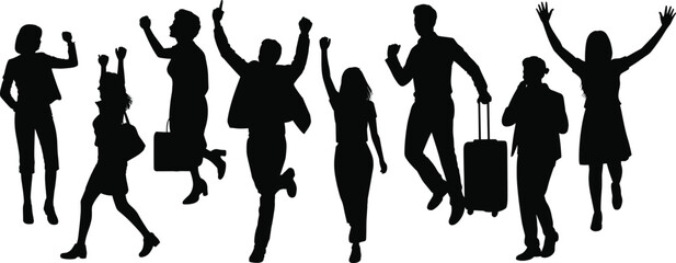 Silhouettes of joyful people jumping and celebrating together in excitement, happiness expression concept, energetic crowd illustration