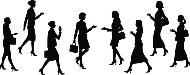 Silhouettes of businesswomen walking and talking in various poses, professional corporate lifestyle concept, workplace communication illustration
