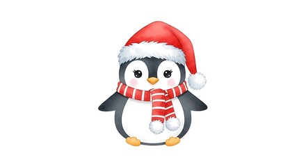 A cartoon penguin wearing a santa hat and a striped scarf on a white background illustration art