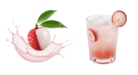 Fresh Lychee Drink Splash with Fruit Slice and Leaves, a Refreshing Beverage