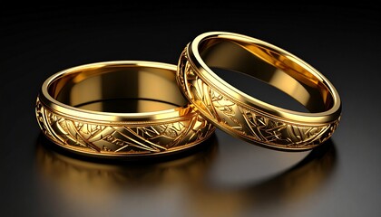 Timeless Bond: Close-up of intricately designed gold wedding rings, symbolizing an unbreakable union of love and commitment, on a reflective surface.