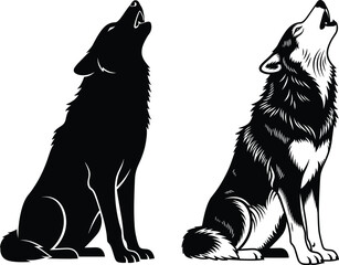 Vector illustration set of sitting wolf howling, solid black silhouette and detailed linocut art style, isolated wild animal for logo design.