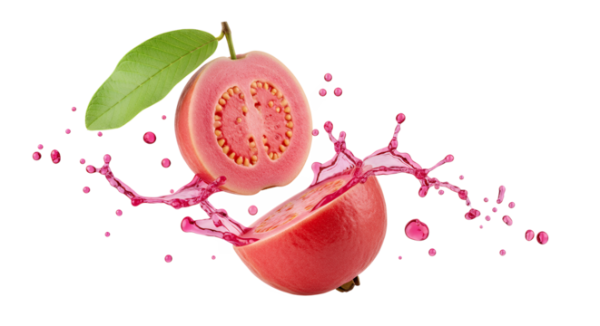 Pink guava cut in half with splashing juice and a green leaf on a white background, vibrant and fresh