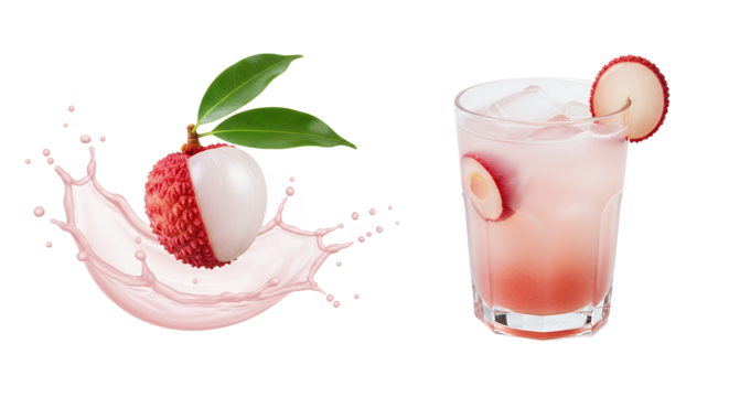 Fresh Lychee Drink Splash with Fruit Slice and Leaves, a Refreshing Beverage
