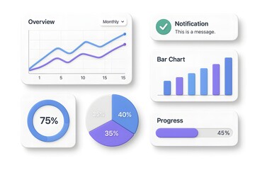 3D Dashboard UI Components — Charts, Graphs, and Widgets on White Background