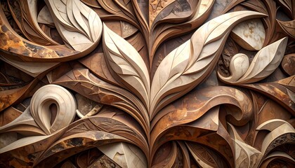 Artful Wood Carving: Intricate floral design carved in rich, warm wood tones, demonstrating skilled craftsmanship and the beauty of natural materials.
