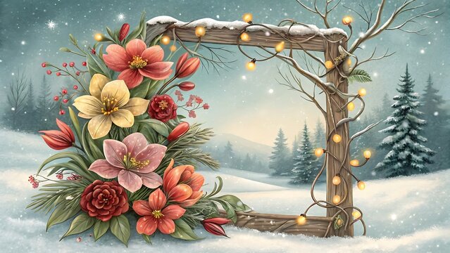 Enchanting winter scene with a rustic wooden frame adorned with vibrant flowers and twinkling fairy lights - Powered by Adobe