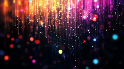 A digital rain of colorful pixels falling from a black sky