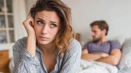 A woman with tousled hair looks concerned as she sits on the edge of a bed. A man rests behind her with a distant expression. The cozy bedroom adds to the intimate atmosphere.