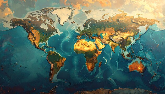Artistic world map illustration showcasing landmasses in earthy tones and oceans in varying shades of blue