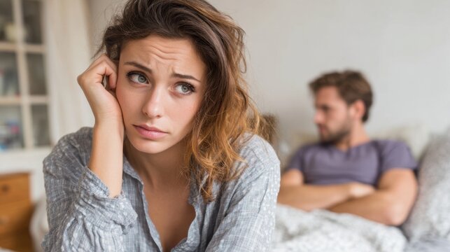 A woman with tousled hair looks concerned as she sits on the edge of a bed. A man rests behind her with a distant expression. The cozy bedroom adds to the intimate atmosphere.