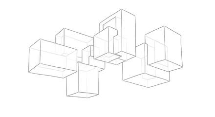 Abstract geometric composition of interconnected cubes and rectangular forms creating a modern architectural design concept.