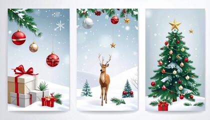 A trio of Christmas-themed posters showing a reindeer, gift boxes, and a decorated Christmas tree, each bordered by festive ornaments and snowflakes against soft winter backgrounds.