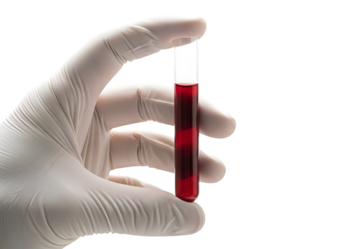hand holding test tube with blood on transparent background 