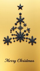 Minimalist Christmas Tree Made of Black Snowflakes on Smooth Golden Texture. Upscale Holiday Greeting_4