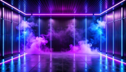Neon Dreamscape: An abstract and visually stunning scene of an empty room, bathed in vibrant neon lights and swirling smoke, creating an atmosphere of mystery and futuristic aesthetic.