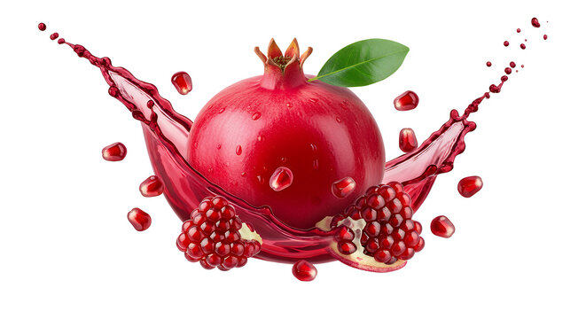 Vibrant whole pomegranate fruit surrounded by an energetic splash of fresh juice and scattered ruby-red arils, embodying natural deliciousness and healthy refreshment