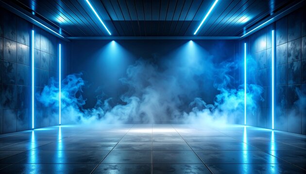 Neon Blue Vapor Stage: An ethereal scene of a stage illuminated by neon blue lights and filled with atmospheric vapor, creating a futuristic and captivating backdrop.