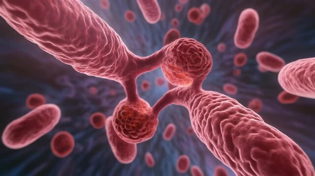 3D medical illustration of red blood cells and bacteria in the bloodstream