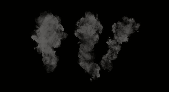 Set of Three Realistic Gray Smoke Plumes Isolated on Black Background Overlay