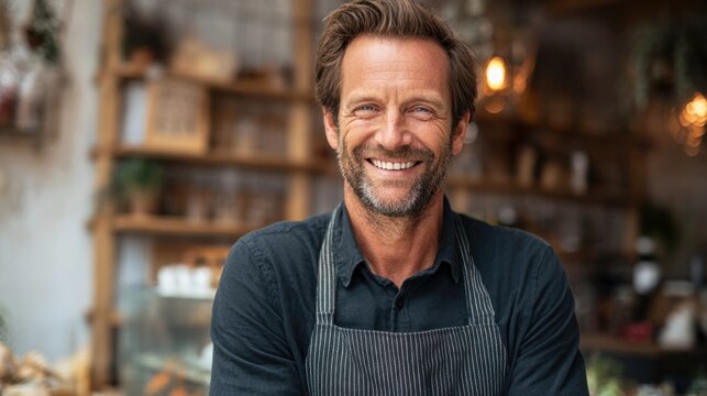 A friendly cafe owner stands proudly behind the counter, smiling warmly. The shop features rustic decor with shelves filled with treats and drinks in a sunny atmosphere. - Powered by Adobe