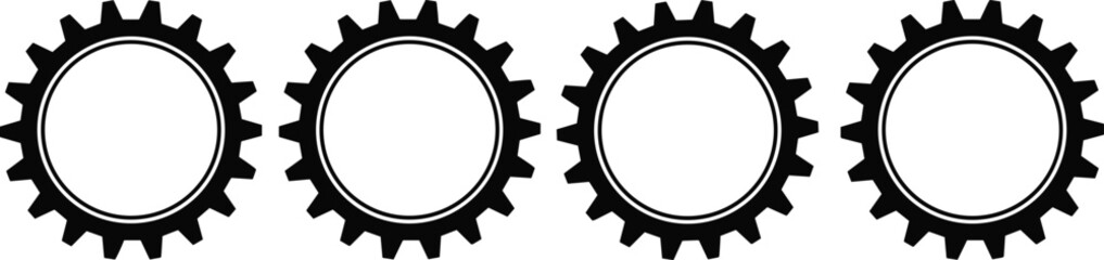 Row of four black gear wheels industrial mechanical icons set vector illustration isolated on white