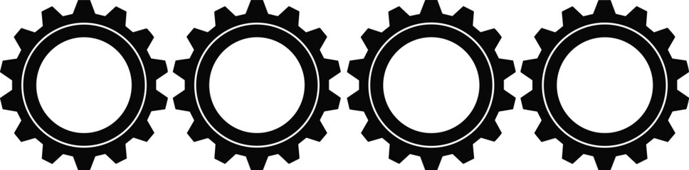 Row of four black gear wheels, industrial mechanical cog icons set, vector illustration isolated white
