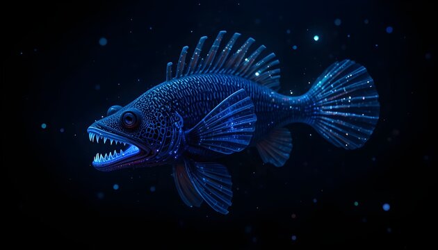 Stunning deep sea fish with bioluminescent glow and sharp teeth in its natural habitat swimming underwater in the mysterious deep blue ocean waters UV tail 