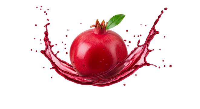 Vibrant red pomegranate fruit with a fresh juice splash, symbolizing health, natural energy, and refreshing taste. Dynamic burst of ruby liquid