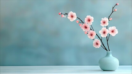 A light blue vase holds a branch of delicate pink cherry blossoms, set against a soft, textured blue background and a white surface.