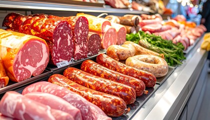 Assorted meats displayed in a refrigerated case with various cuts and sausages, parsley adding fresh accent